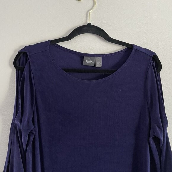 Travelers By Chicos Women 1/Small Purple 3/4 Tie Sleeve Cold Shoulder Tunic Top - Picture 5 of 10